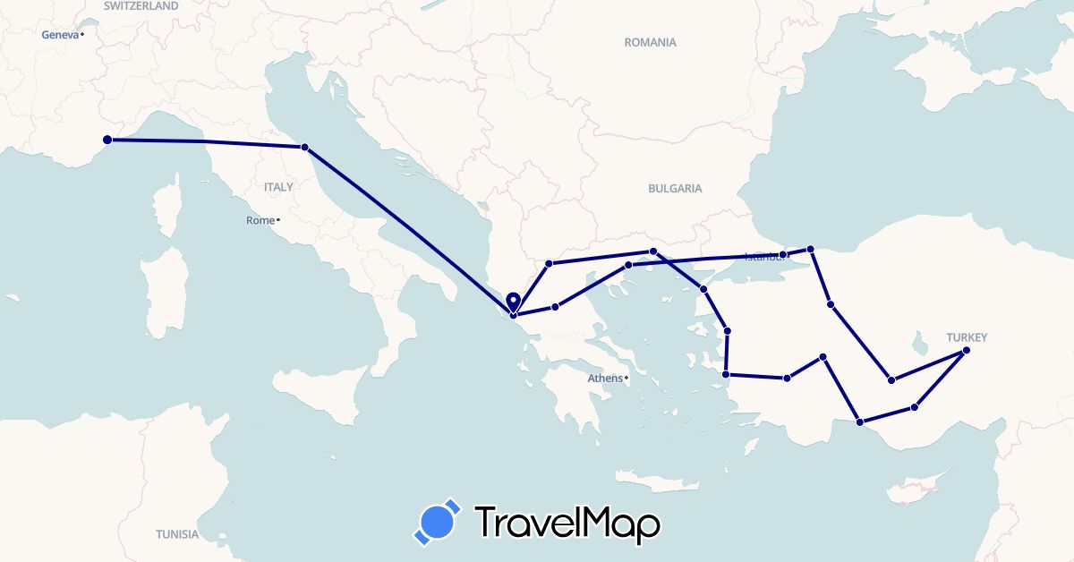 TravelMap itinerary: driving in Cyprus, France, Greece, Turkey (Asia, Europe)